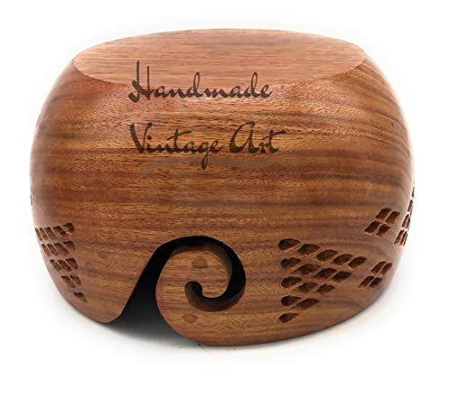 Handmade Sheesham Wood Crafted Wooden Yarn Storage Bowl with Carved Holes & Drills, Knitting Crochet Accessories, 7 x 7 x 4 inches