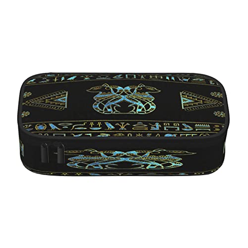 Egyptian Cats Hieroglyphs Gold Blue Large-Capacity Pencil Case Storage Bag Desk Storage Box Double Zipper Pencil Case Multifunctional Ladies Cosmetic Bag