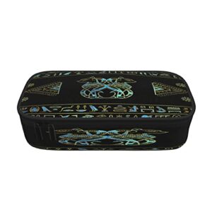 Egyptian Cats Hieroglyphs Gold Blue Large-Capacity Pencil Case Storage Bag Desk Storage Box Double Zipper Pencil Case Multifunctional Ladies Cosmetic Bag