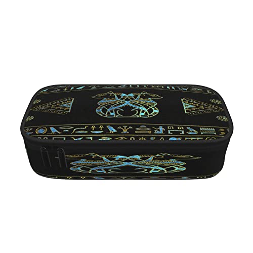 Egyptian Cats Hieroglyphs Gold Blue Large-Capacity Pencil Case Storage Bag Desk Storage Box Double Zipper Pencil Case Multifunctional Ladies Cosmetic Bag