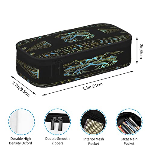 Egyptian Cats Hieroglyphs Gold Blue Large-Capacity Pencil Case Storage Bag Desk Storage Box Double Zipper Pencil Case Multifunctional Ladies Cosmetic Bag