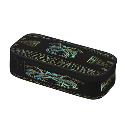 Egyptian Cats Hieroglyphs Gold Blue Large-Capacity Pencil Case Storage Bag Desk Storage Box Double Zipper Pencil Case Multifunctional Ladies Cosmetic Bag