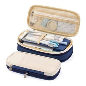 eaarliyam pencil case,expandable pencil case, large capacity pencil cases pen bag pouch holder school stationery organizer makeup cosmetic bag,navy+beige aesthetic pencil case