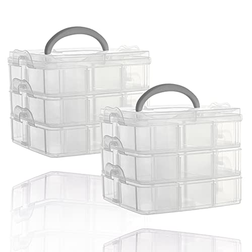 3 Tier Small Stackable Storage Container Box with Handle, CORGIMHZ Plastic Craft Organizer Case with 18 Adjustable Compartments for Washi Tapes, Art Supplies, Jewelry (5.9 x 5.83 x 4.88 in) (2, clear)