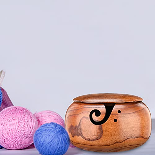 MOOVGTP Wooden Yarn Bowl, Crochet Yarn Holder with Lid Knitting Storage Holder Yarn Bowl Organizer Crochet Wool Storage Basket for Knitting and Crochet