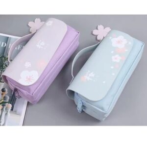 Moovul Blue Cherry Blossom Pencil Case Cute PU Leather Pencil Pouch Stationery Pencil Bag for Teens Girls Boys