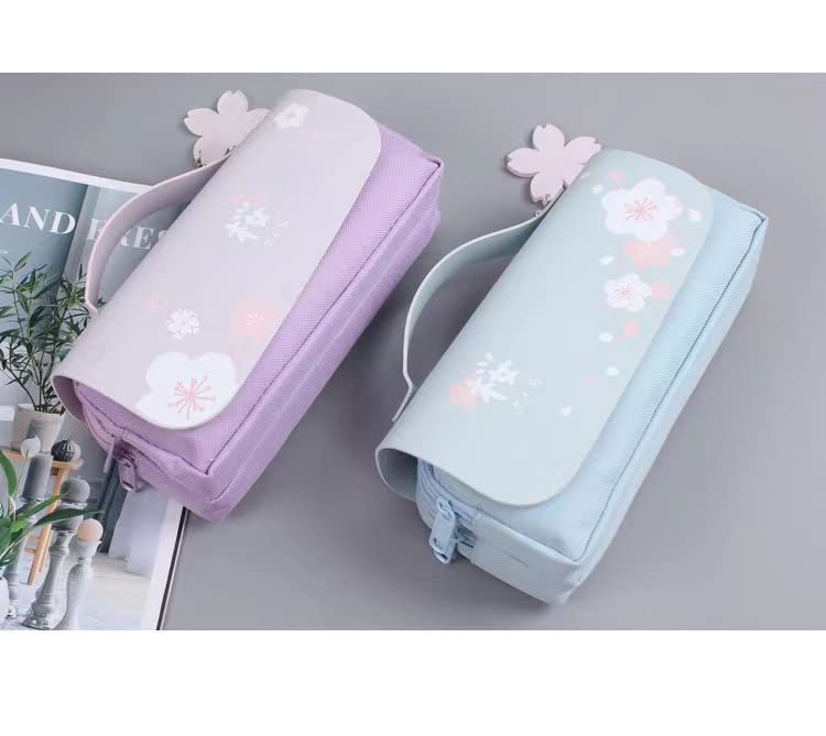 Moovul Blue Cherry Blossom Pencil Case Cute PU Leather Pencil Pouch Stationery Pencil Bag for Teens Girls Boys
