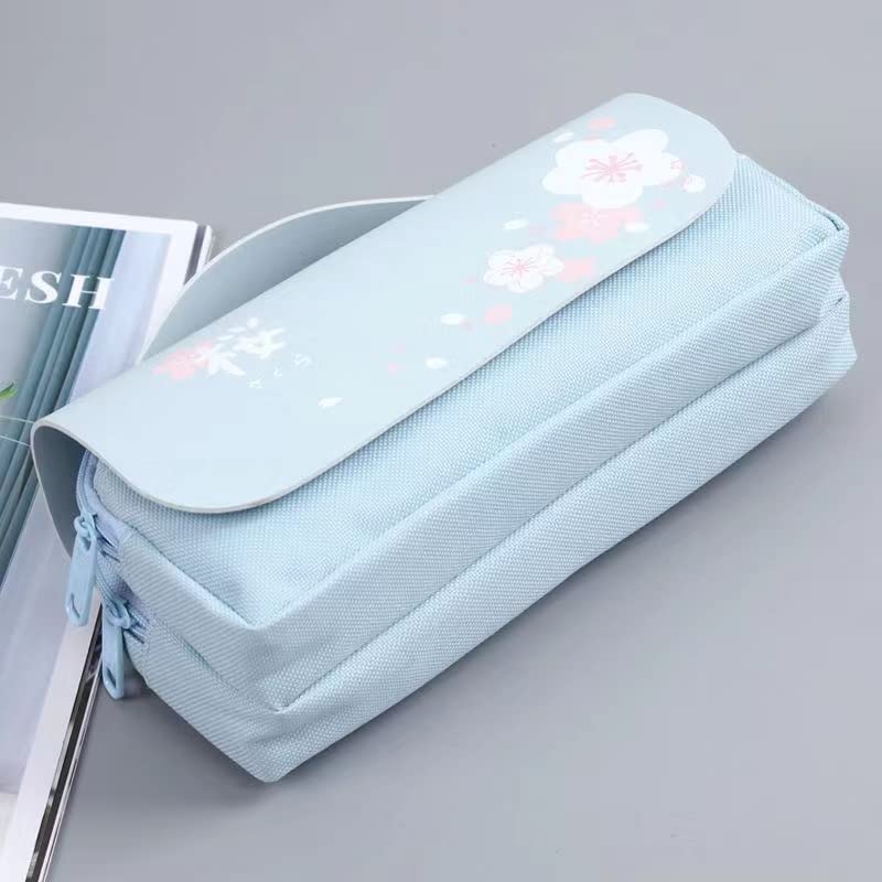 Moovul Blue Cherry Blossom Pencil Case Cute PU Leather Pencil Pouch Stationery Pencil Bag for Teens Girls Boys