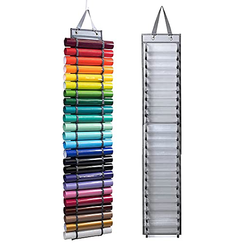 Yosuny Vinyl Roll Holder with 24 Roll Compartments, Vinyl Roll Storage Rack Wall Mount,Over The Door, Craft Vinyl Storage Organizer Idea, Hanging Organizer Storage