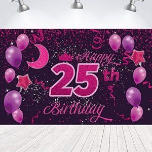Sweet Happy 25th Birthday Backdrop Banner Poster 25 Birthday Party Decorations 25th Birthday Party Supplies 25th Photo Background for Girls,Boys,Women,Men - Pink Purple 72.8 x 43.3 Inch