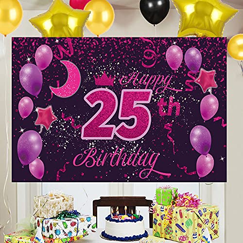 Sweet Happy 25th Birthday Backdrop Banner Poster 25 Birthday Party Decorations 25th Birthday Party Supplies 25th Photo Background for Girls,Boys,Women,Men - Pink Purple 72.8 x 43.3 Inch