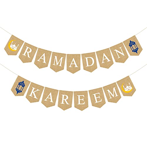 JKQ Ramadan Kareem Burlap Banner with Lantern Moon Castle Signs Muslim Ramadan Mubarak Bunting Banner Islamic Eid Mubarak Festival Celebration Party Hanging Decorations for Home Mantle Wall