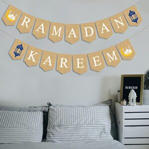 JKQ Ramadan Kareem Burlap Banner with Lantern Moon Castle Signs Muslim Ramadan Mubarak Bunting Banner Islamic Eid Mubarak Festival Celebration Party Hanging Decorations for Home Mantle Wall