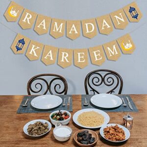 JKQ Ramadan Kareem Burlap Banner with Lantern Moon Castle Signs Muslim Ramadan Mubarak Bunting Banner Islamic Eid Mubarak Festival Celebration Party Hanging Decorations for Home Mantle Wall