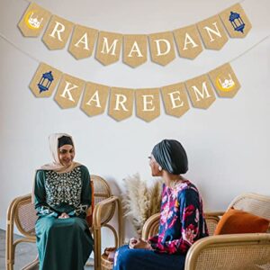 JKQ Ramadan Kareem Burlap Banner with Lantern Moon Castle Signs Muslim Ramadan Mubarak Bunting Banner Islamic Eid Mubarak Festival Celebration Party Hanging Decorations for Home Mantle Wall