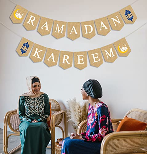 JKQ Ramadan Kareem Burlap Banner with Lantern Moon Castle Signs Muslim Ramadan Mubarak Bunting Banner Islamic Eid Mubarak Festival Celebration Party Hanging Decorations for Home Mantle Wall