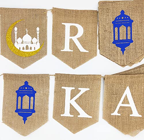 JKQ Ramadan Kareem Burlap Banner with Lantern Moon Castle Signs Muslim Ramadan Mubarak Bunting Banner Islamic Eid Mubarak Festival Celebration Party Hanging Decorations for Home Mantle Wall