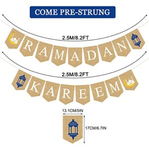 JKQ Ramadan Kareem Burlap Banner with Lantern Moon Castle Signs Muslim Ramadan Mubarak Bunting Banner Islamic Eid Mubarak Festival Celebration Party Hanging Decorations for Home Mantle Wall