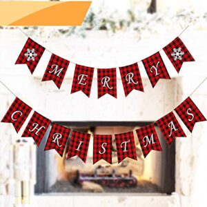 jolik merry christmas banner with two snowflake flags – buffalo plaid banner decoration for fireplace wall tree christmas decoration