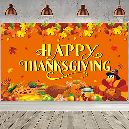 PTFNY Happy Thanksgiving Backdrop Banner 73 x 43 Inch Large Thanksgiving Day Background Banner Maple Leaves Pumpkin Turkey Party Banner Thanksgiving Decorations Photo Booth Props