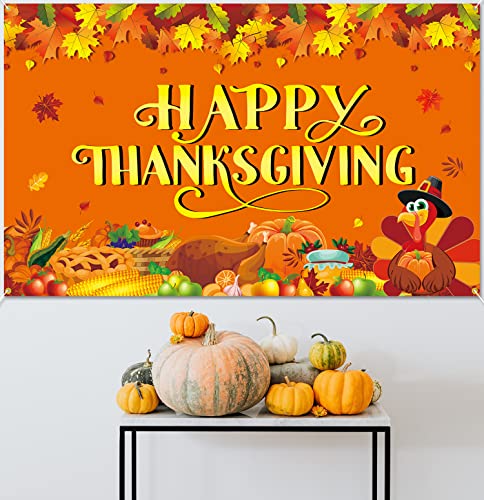 PTFNY Happy Thanksgiving Backdrop Banner 73 x 43 Inch Large Thanksgiving Day Background Banner Maple Leaves Pumpkin Turkey Party Banner Thanksgiving Decorations Photo Booth Props