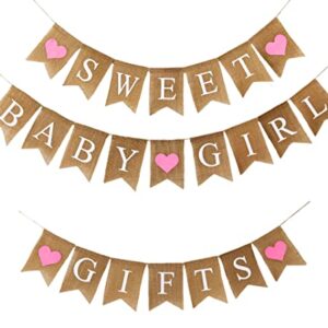 Shimmer Anna Shine Sweet Baby Girl and Gifts Burlap Banner for Baby Shower Decorations and Gender Reveal Party (Pink Hearts)
