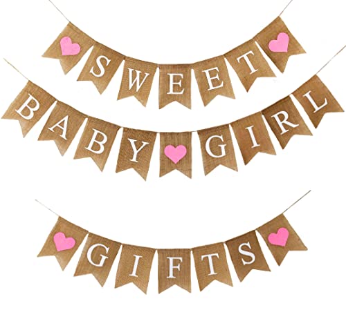 Shimmer Anna Shine Sweet Baby Girl and Gifts Burlap Banner for Baby Shower Decorations and Gender Reveal Party (Pink Hearts)