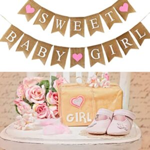 Shimmer Anna Shine Sweet Baby Girl and Gifts Burlap Banner for Baby Shower Decorations and Gender Reveal Party (Pink Hearts)