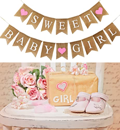 Shimmer Anna Shine Sweet Baby Girl and Gifts Burlap Banner for Baby Shower Decorations and Gender Reveal Party (Pink Hearts)