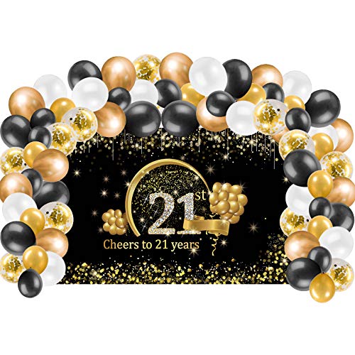 Kauayurk 21st Birthday Banner Backdrop Decorations & Balloon Garland Arch Kit for Boy Girl, Gold Extra Large Cheers to 21 Years Birthday Party Supplies, 21 Birthday Poster Photo Booth