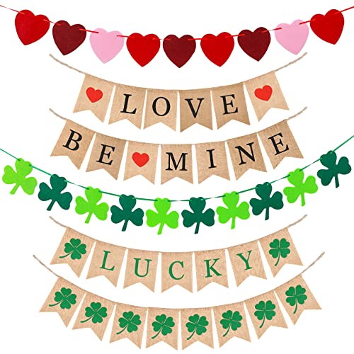 6 Pieces St. Patrick's Day Lucky Burlap Banner and Love Heart Banner Bunting Garland for Party Home Valentine's Day Anniversary Decoration