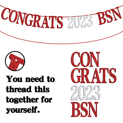 Glitter Congrats 2023 BSN Banner - Nurse Graduation Party Decoration Supplies - Nursing School Graduate Party Bunting Sign/Photo Props, Silver and Red