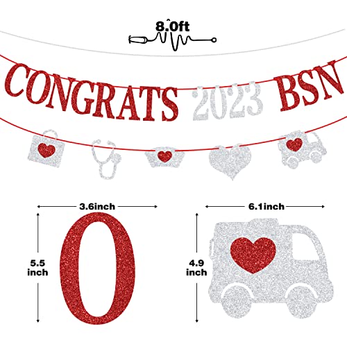 Glitter Congrats 2023 BSN Banner - Nurse Graduation Party Decoration Supplies - Nursing School Graduate Party Bunting Sign/Photo Props, Silver and Red