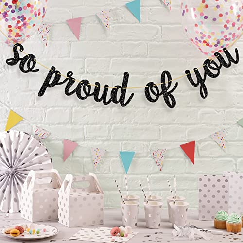 Halawawa Black Glitter So Proud of You Banner, Graduation Party Decorations, 2023 Graduation Party Decor Banner, We are So Proud of You Bunting Banner