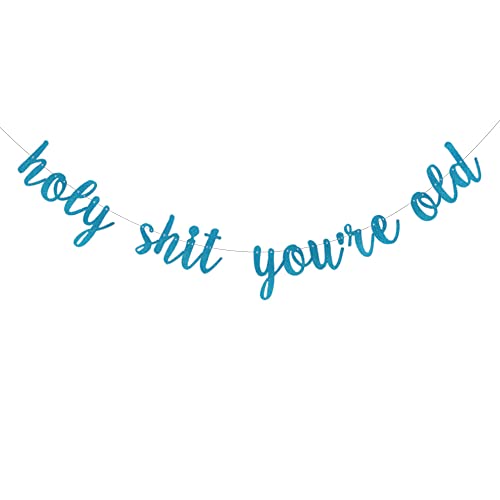 Holy Shit You're Old Banner, Pre-Strung, No Assembly Required, Funny Blue Glitter Paper Party Decorations for 30th 40th 50th 60th 70th 80th 90th Birthday Party Supplies, Letters Blue,ABCpartyland