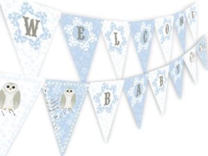 snowy owl blue welcome baby banner – winter baby shower supplies – winter baby shower decorations – snowflake baby shower supplies – blue baby shower decorations – blue shower