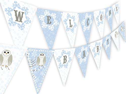 Snowy Owl Blue Welcome Baby Banner - Winter Baby Shower Supplies - Winter Baby Shower Decorations - Snowflake Baby Shower Supplies - Blue Baby Shower Decorations - Blue Shower