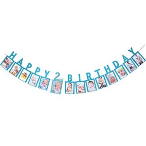 happy 2nd birthday photo party banner, blue sign garlands for baby boy’s/girl’s 2nd birthday party bunting supplies decorations