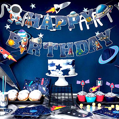 Outer Space Theme Birthday Banner Happy Birthday Signs with Astronaut Rocket UFO Spaceman Universe Planet Galaxy Funny Birthday Party Backdrop Hanging Decorations 16pcs