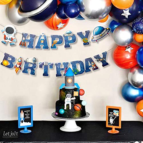 Outer Space Theme Birthday Banner Happy Birthday Signs with Astronaut Rocket UFO Spaceman Universe Planet Galaxy Funny Birthday Party Backdrop Hanging Decorations 16pcs