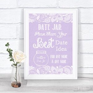 lilac burlap & lace effect date jar messages personalized wedding sign