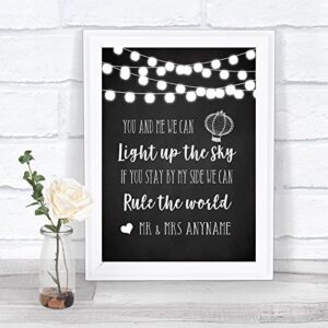 chalk style black & white lights light up the sky rule the world wedding sign