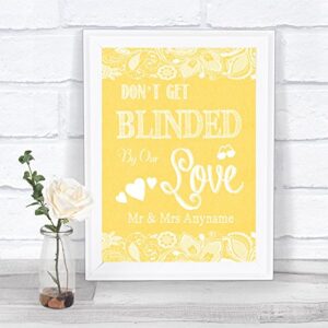 yellow burlap lace effect don’t be blinded sunglasses personalized wedding sign