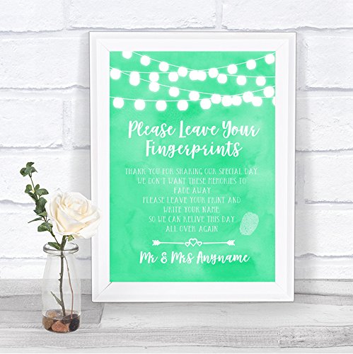 Mint Green Watercolour Lights Fingerprint Guestbook Personalized Wedding Sign