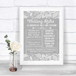 grey burlap & lace effect wedding rules personalized wedding sign