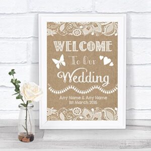 burlap & lace effect welcome to our wedding personalized wedding sign