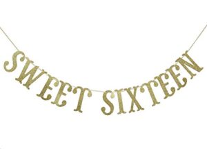 sweet sixteen birthday banner gold glitter for 16th birthday party decor 16 years old decoration supplies cursive bunting photo booth props sign
