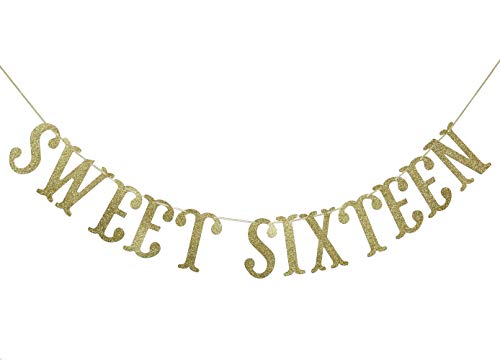 Sweet Sixteen Birthday Banner Gold Glitter for 16th Birthday Party Decor 16 years old Decoration Supplies Cursive Bunting Photo Booth Props Sign