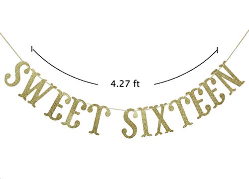 Sweet Sixteen Birthday Banner Gold Glitter for 16th Birthday Party Decor 16 years old Decoration Supplies Cursive Bunting Photo Booth Props Sign