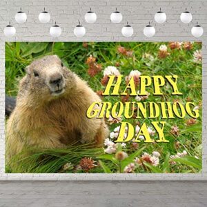 happy groundhog day banner background realistic cute animals flowers green grass theme decor for 1st birthday party spring february 2nd holidays festival groundhog day supplies favors decorations